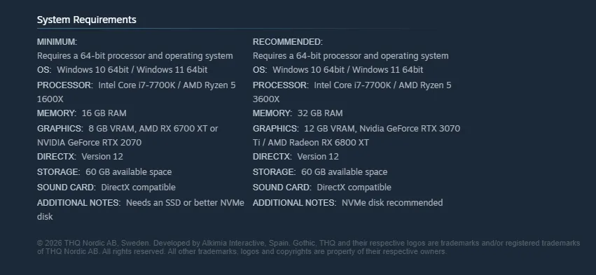 Gothic 1 Remake Steam system requirements